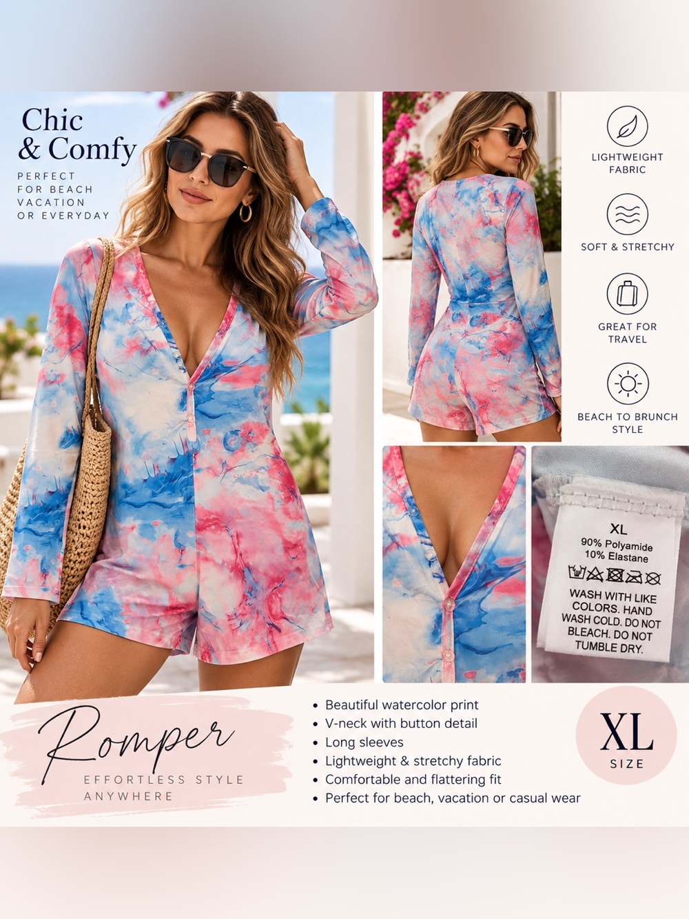 Watercolor Tie-Dye Long Sleeve Romper - Pink & Blue